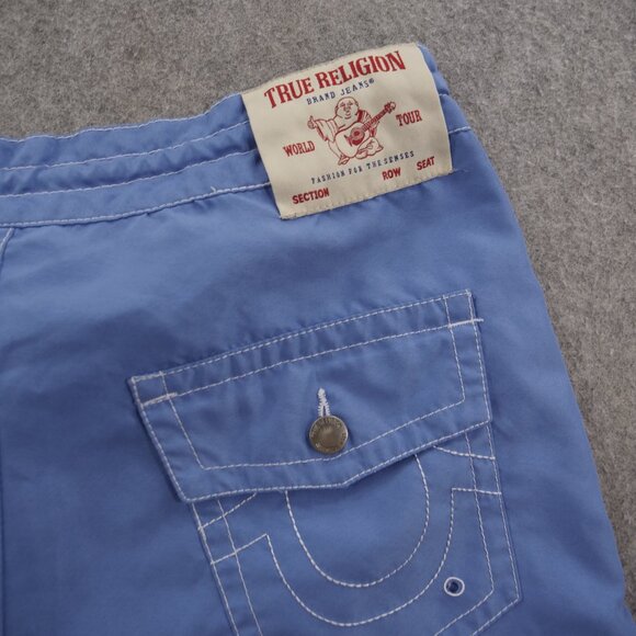 True Religion Shorts Mens 31 Blue Board Swim Surf Trunks Flip Pockets Drawstring - Picture 14 of 14